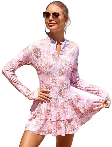 OBEEII Damen Badeanzug Langarm Bademode mit Rei�verschluss Rundhals Badeanzug Kleid Damen mit Rock Bedruckter Surf Anzug Beach Wear Rosa Bl�tter L von OBEEII
