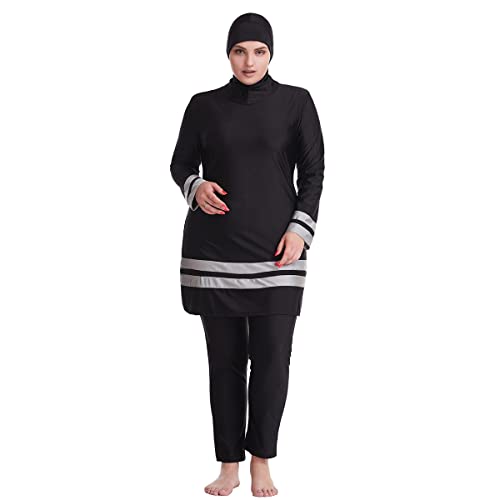 OBEEII Damen Bescheiden Badeanzüge Muslimischer Full Cover Badeanzug islamisch Strandkleidung Muslimischer Badeanzug für Damen in Übergröße Schwimmoberteile + Schwimmhose + Badekappe Schwarz 4XL von OBEEII