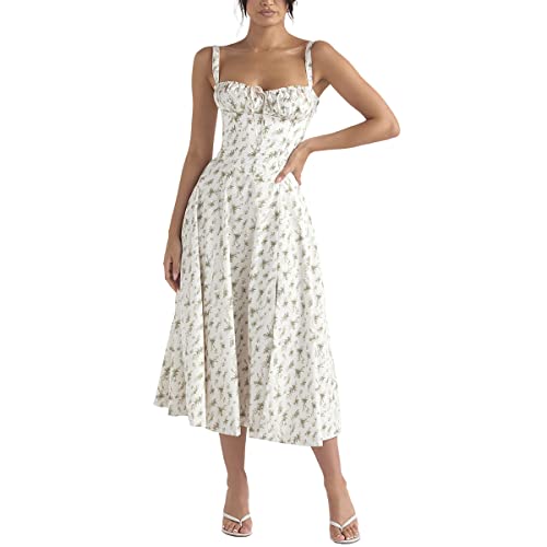 OBEEII Damen Blumen Korsett Kleid Lang Sommer Ärmellos Spaghettiträger Boho Strand Urlaub Bustier Midi Kleid Hochzeit Cocktail Party Korsett Kleider mit Schlitz Grün Blumen S von OBEEII