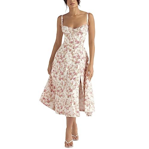 OBEEII Damen Blumen Korsett Kleid Lang Sommer Ärmellos Spaghettiträger Boho Strand Urlaub Bustier Midi Kleid Hochzeit Cocktail Party Korsett Kleider mit Schlitz Rosa Blumen XS von OBEEII