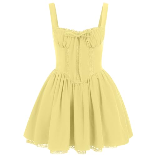OBEEII Damen Blumen Korsett Kleid Lang Sommer Ärmellos Spaghettiträger Boho Strand Urlaub Bustier Mini Kleid Hochzeit Cocktail Party Korsett Kleider mit Schlitz Gelb L von OBEEII