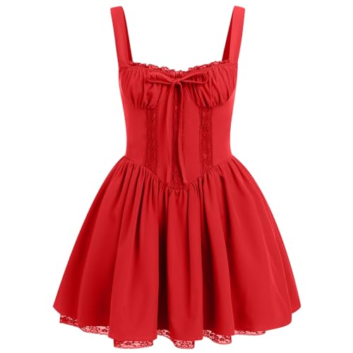 OBEEII Damen Blumen Korsett Kleid Lang Sommer Ärmellos Spaghettiträger Boho Strand Urlaub Bustier Mini Kleid Hochzeit Cocktail Party Korsett Kleider mit Schlitz Rot M von OBEEII
