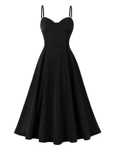 OBEEII Damen Blumen Korsett Kleid Lang Sommer Ärmellos Spaghettiträger Sweetheart-Ausschnitt Boho Strand Urlaub Bustier Midi Kleid Cocktail Party Korsett Kleider mit Taschen Schwarz L von OBEEII