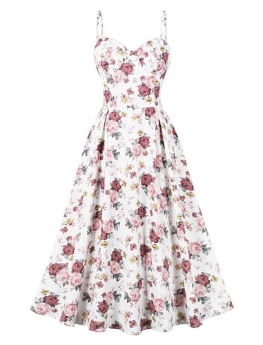 OBEEII Damen Blumen Korsett Kleid Lang Sommer Ärmellos Spaghettiträger Sweetheart-Ausschnitt Boho Strand Urlaub Bustier Midi Kleid Cocktail Party Korsett Kleider mit Taschen Weiß Blümchen S von OBEEII