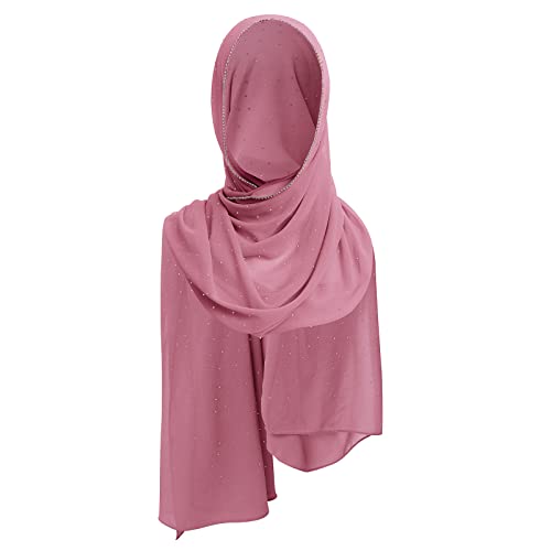 OBEEII Damen Chiffon Strass Schal Muslim Hijab Lange Kopf Wrap Schals für Islamisch Dubai Naher Osten Damen Muslim Premium Khimar Kopftuch Rosa Einheitsgröße von OBEEII