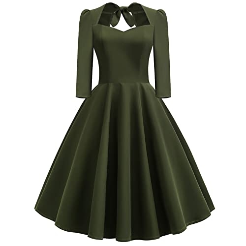 OBEEII Damen Cocktailkleid Vintage Retro 1950er Jahre Audrey Hepburn Pin-up Rockabilly Swing gepunktet 3/4 Ärmel Chic und Elegant, grün, Medium von OBEEII