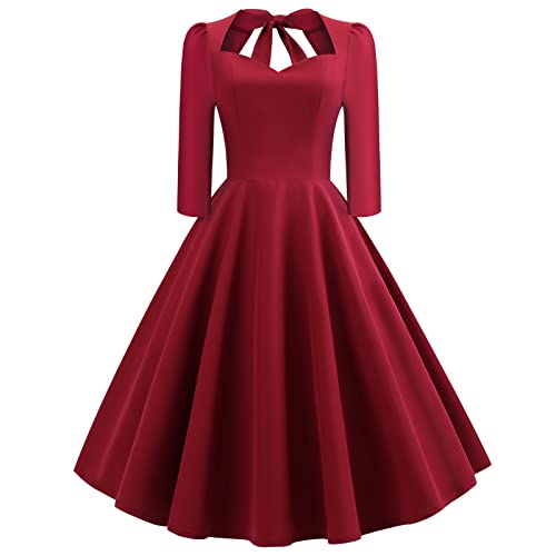 OBEEII Damen Cocktailkleid Vintage Retro 1950er Jahre Audrey Hepburn Pin-up Rockabilly Swing gepunktet 3/4 Ärmel Chic und Elegant, rot, Large von OBEEII