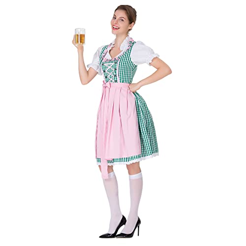 OBEEII Damen Dirndl Midi Kleid Dirndlkleid 3tlg. Trachtenkleid Set für Bierfest,Oktoberfest,Karneval,Cosplay Grün L von OBEEII
