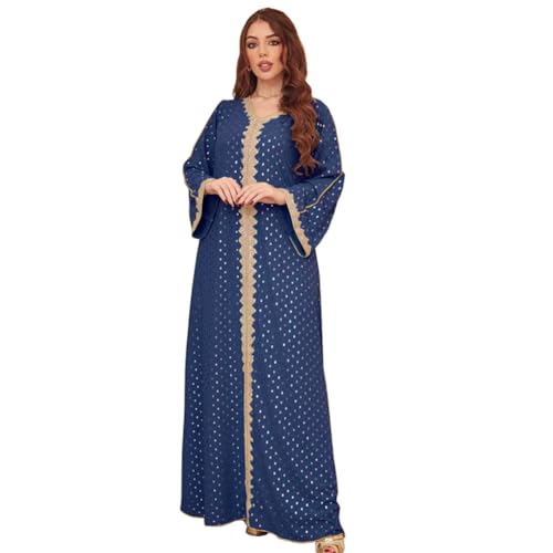 OBEEII Damen Dubai Kaftan Muslimisches Kleid V-Ausschnitt Spitze Naher Osten Dubai Türkei Türkisches Maxi Abaya Kaftan Robe ür Ethnische, Hochzeit, Abend, Party Navy XXL von OBEEII