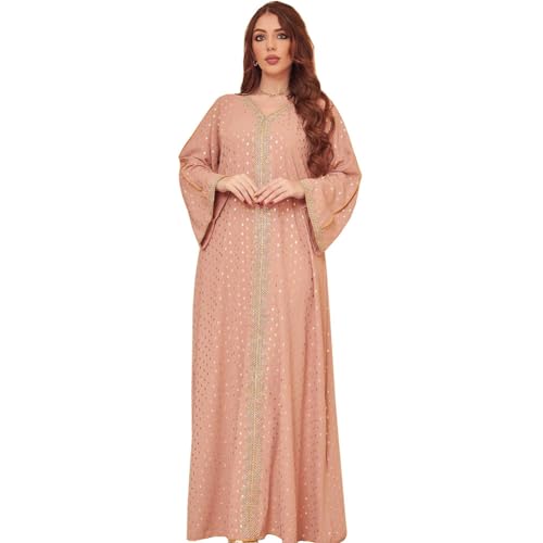 OBEEII Damen Dubai Kaftan Muslimisches Kleid V-Ausschnitt Spitze Naher Osten Dubai Türkei Türkisches Maxi Abaya Kaftan Robe ür Ethnische, Hochzeit, Abend, Party Rosa L von OBEEII