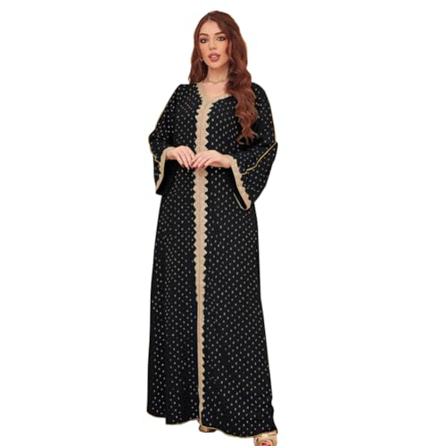 OBEEII Damen Dubai Kaftan Muslimisches Kleid V-Ausschnitt Spitze Naher Osten Dubai Türkei Türkisches Maxi Abaya Kaftan Robe ür Ethnische, Hochzeit, Abend, Party Schwarz XXL von OBEEII