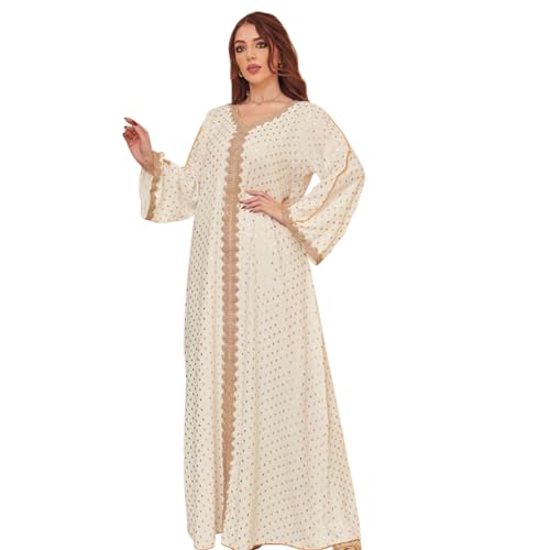 OBEEII Damen Dubai Kaftan Muslimisches Kleid V-Ausschnitt Spitze Naher Osten Dubai Türkei Türkisches Maxi Abaya Kaftan Robe ür Ethnische, Hochzeit, Abend, Party Weiß XL von OBEEII