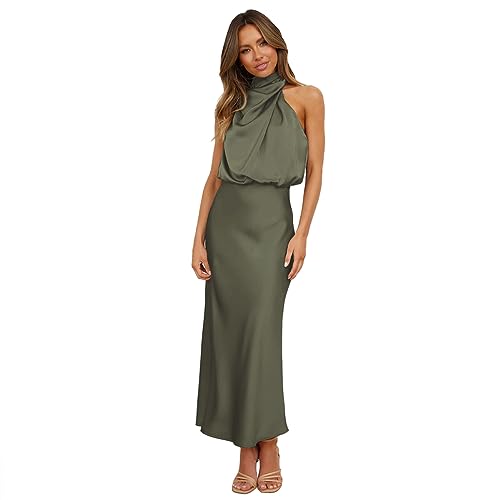Damen Elegant Ärmellos Neckholder Satin Hochzeit Lang Abendkleider Hochzeit Cocktailkleid Armeegrün S von OBEEII