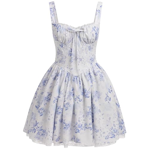 OBEEII Damen Floral Korsett Minikleid Quadratischer Ausschnitt Spaghettiträger Sommer Boho Sommerkleid Blumendruck Schnürung Tailliertes Kleid, blau, blumenmuster, Small von OBEEII