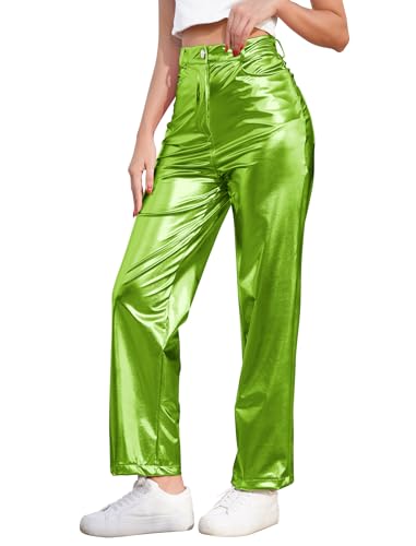 OBEEII Damen Glänzende Metallic Hosen Holographische Hohem Bund PU-Leder Streetwear Hip Hop Party Disco Clubwear Freizeit Casual Sweathose Jogginghose Hosen Grün S von OBEEII