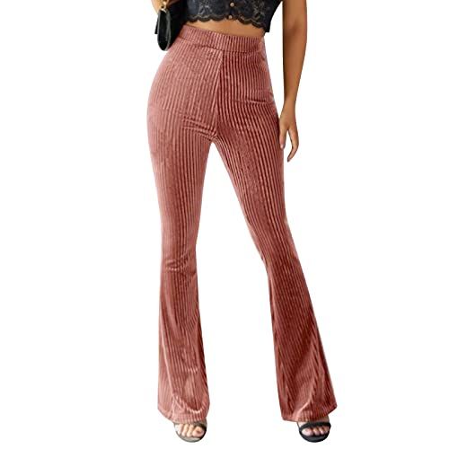 OBEEII Damen High Wasit Flare Schlaghose Bootcut Elastisch Weites Bootleg-Hose mit Bauchkontrolle Schlaghose Casual Sporthose Strick Hose Rosa Small von OBEEII