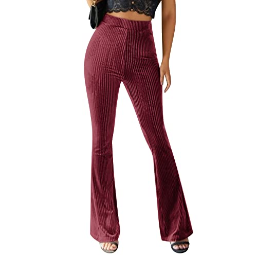 OBEEII Damen High Wasit Flare Schlaghose Bootcut Elastisch Weites Bootleg-Hose mit Bauchkontrolle Schlaghose Casual Sporthose Strick Hose Rotwein 2XL von OBEEII