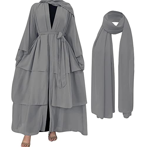 OBEEII Muslimische Kleider Damen Lose Lange Strickjacke Chiffon Islamischer Kleidung Frauen Naher Osten Dubai Araber Muslimische Robe mit Hijab Hhellgrau L von OBEEII