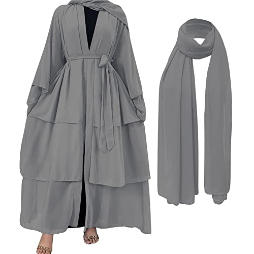 OBEEII Damen Kaftan Kleid Frauen Muslim Abaya Langes Kleid Langarm-Cardigan Strickjacke mit Hijab Islamische Muslimisches Kleid für Ethnische Abend Party Hhellgrau L von OBEEII