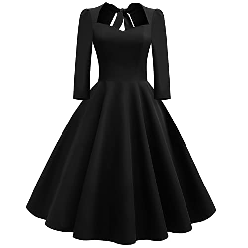 OBEEII Damen Kleid A-Linie Langarm Knielang Rockabilly 50er Jahre Festlich Cocktailkleid Schwarz XL von OBEEII