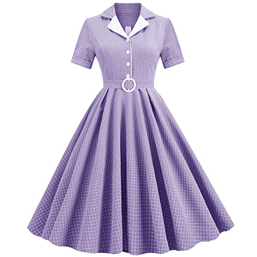 OBEEII Damen Kurzarm 50er 60er Jahre Kleid Vintage Cocktailkleid 1950er Hepburn Stil Rockabilly Petticoat Kleid Lila Plaid L von OBEEII