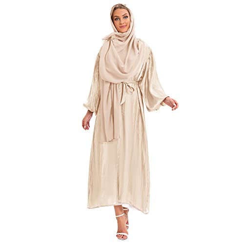 OBEEII Damen Lady Täglich Lässig Muslim Soild Lange Ärmel Lange Vintage Fasion Kleider Strickjacke in Voller Sonnenschutz mit Hijab- Moslemische Normallack-Dubai Kleider Damen Gold (mit Turban) S von OBEEII