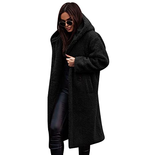 OBEEII Damen Mantel Kapuzenjacke Winterjacke Lang Warm Hoodie Pullover Jacken Plüschjacke Fleecejacke Oberteile mit Taschen Schwarz S von OBEEII