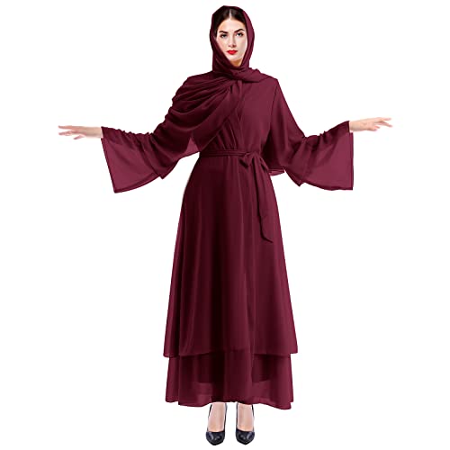 OBEEII Damen Mantel Muslim Lässig Muslim Soild Lange Ärmel Lange Vintage Fasion Kleider Strickjacke in Voller Sonnenschutz mit Hijab Moslemische Normallack-Dubai Kleider Damen Weinrot + Turban L von OBEEII