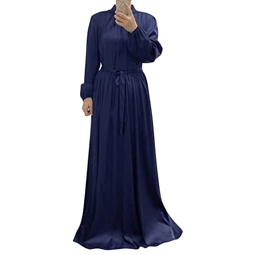 OBEEII Damen Muslime Kleid Islamische Kleidung - Naher Osten Türkei Satin-Gewand für Damen mit Bischofsärmeln Lange Robe fur Ramadan Beten Party Muslim Frauen Einfarbig Kleid Navy Blau L von OBEEII