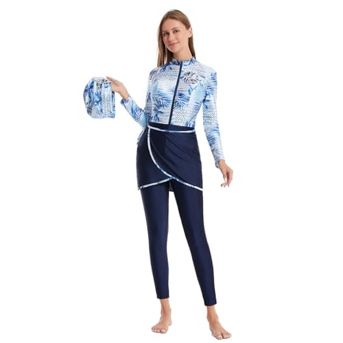 OBEEII Damen Muslimische Badeanzug Modest Islamischer Arabischer Burkini Bademode Langarm Einteiliger Badeanzug und Wickelrock mit Bademütze 3tlg Schwimmkostüm Badeanzug ﻿ Navy 01 M von OBEEII