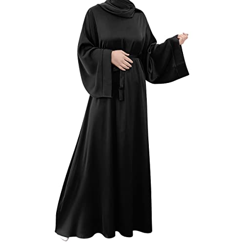 OBEEII Damen Muslimische Bademäntel Satin Lose Muslimisches Kleid Türkei Islamisch Nahen Osten Dubai Max Kaftan Volle Länge Kleid, Schwarz , X-Large von OBEEII