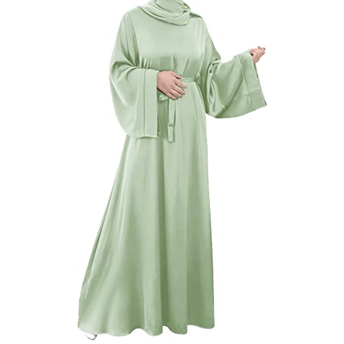 OBEEII Damen Muslimische Bademäntel Satin Lose Muslimisches Kleid Türkei Islamisch Nahen Osten Dubai Max Kaftan Volle Länge Kleid, lichtgrün, L von OBEEII