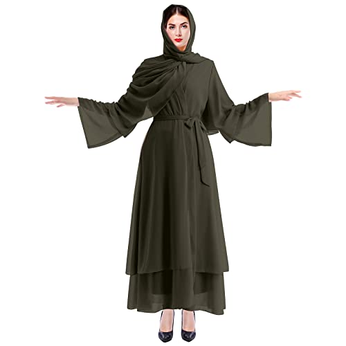 OBEEII Damen Muslimische Freizeitjacke Soild Lange Ärmel Lange Vintage Fasion Kleider Strickjacke in Voller Sonnenschutz mit Hijab- Moslemische Normallack-Dubai Kleider Damen Armeegrün + Bandana L von OBEEII