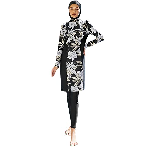 OBEEII Damen Muslimischer Badeanzug Konservativer Bademode Burkini Frauen Voller Sonnenschutz Sexy Bikini des Badeanzugs der Frauen Swimwear Dreiteiliger Set aus Oberteilen + Hose +Hijab Blume02 L von OBEEII