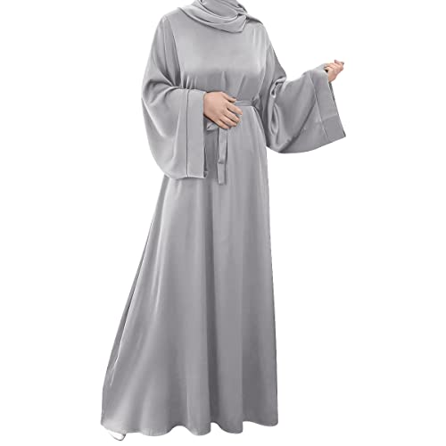 OBEEII Damen Muslimischer Ethnischer Islam Retro Einfarbig Ausgestellte Langarm Lose Pullover Maxi Kleid Robe Ärmel des Bischofs Gebetskleid Vollständige Abdeckung Grau02 M von OBEEII