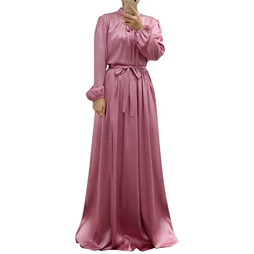 OBEEII Damen Muslimischer Ethnischer Islam Retro Einfarbig Ausgestellte Langarm Lose Pullover Maxi Kleid Robe Ärmel des Bischofs Gebetskleid Vollständige Abdeckung Rosa L von OBEEII