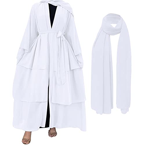 OBEEII Damen Muslimischer Strickjacke Muslimische Robe mit Hijab Islam Retro Muslimische Islamische Robe Kaftan Kleid in Voller Länge Ausgestellte Lose MaxiKleid Robe Schlanke Passform Weiß L von OBEEII