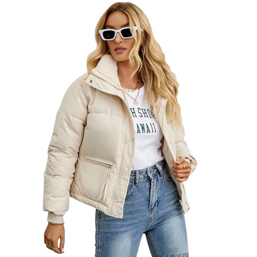 OBEEII Damen Puffer Jacke Kurz Winterjacke Winter Warm Steppjacke Gesteppte Dicke Daunenjacke Mode Cropped Zip Up Stehkragen Puffer Mantel Apricot M von OBEEII