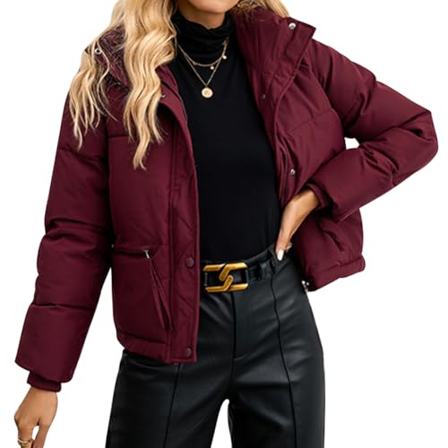 OBEEII Damen Puffer Jacke Kurz Winterjacke Winter Warm Steppjacke Gesteppte Dicke Daunenjacke Mode Cropped Zip Up Stehkragen Puffer Mantel Kirsche Rot XL von OBEEII
