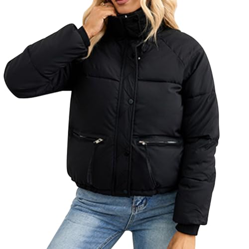 OBEEII Damen Puffer Jacke Kurz Winterjacke Winter Warm Steppjacke Gesteppte Dicke Daunenjacke Mode Cropped Zip Up Stehkragen Puffer Mantel Schwarz XXL von OBEEII
