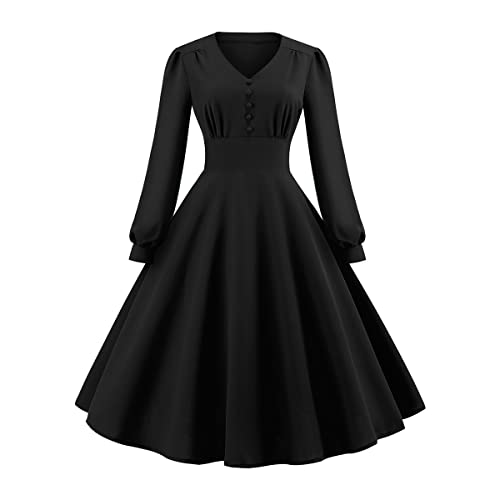 OBEEII Damen Retro Rockabilly Kleid Langarm Knöpfen Kleid 50er Jahre Cocktailkleid Abendkleid Knielang Vintage Swing Festlich Cocktailkleid Schwarz02 M von OBEEII