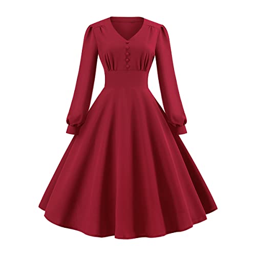 OBEEII Damen Rockabilly Kleider Langarm Knielang 50er Jahre Swing Festlich Cocktailkleid Rot02 XL von OBEEII