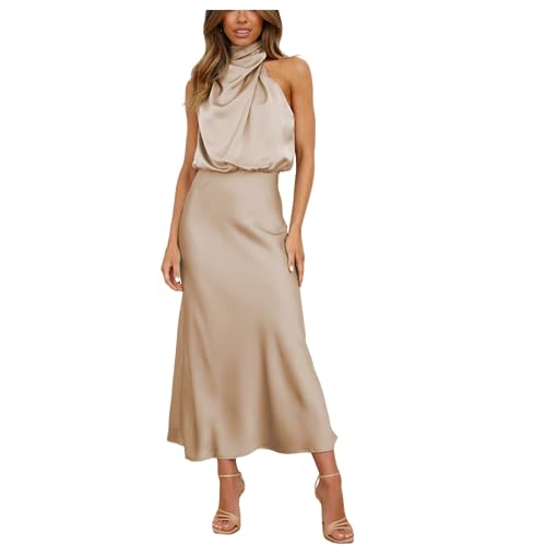 OBEEII Damen Satin Kleid Lang Abendkleider Ärmellos Elastische Taille Hochzeit Cocktailkleid Elegant Formal Hochzeitsgast Party Maxi Kleider GQQT007 L von OBEEII