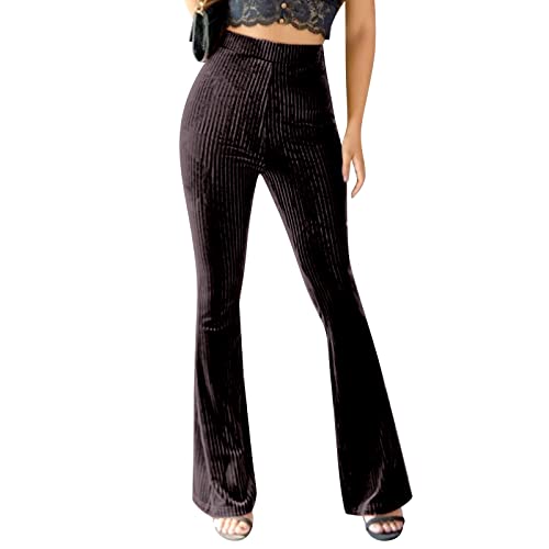 OBEEII Damen Schlaghose Samt High Waist Stretch Skinny Hosen Frauen Flared Einfarbig Freizeithose Casual Lange Hosen Sweathose Kaffee Medium von OBEEII