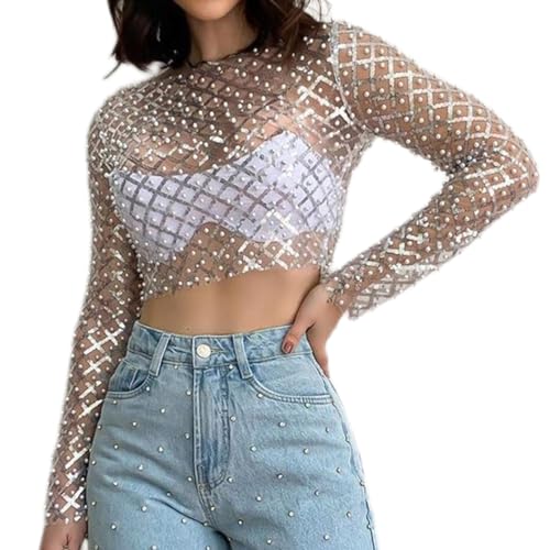 OBEEII Damen Sheer Mesh Tops Transparentes Glitzer Langarmshirt Bluse Clubwear Sexy Rave Party Club Festival Durchsichtig Shirt Silber S von OBEEII