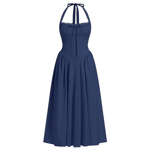 OBEEII Damen Sommer Blumenkleid Korsett Blumen Korsett Wickelkleid Neckholder Sweetheart Ausschnitt Low Cut Slim Fit Boho Freizeit Urlaub Strand Kleid Navy L von OBEEII