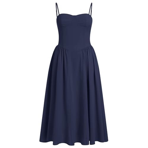OBEEII Damen Sommer Korsett Kleid Wickelkleid Ärmellos Spaghettiträger Slim Fit A-Linie Blumenkleid Urlaub Strand Hochzeit Bustier Midi Kleid Navy S von OBEEII