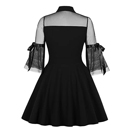 OBEEII Damen Spitzenkleid Brautmütter Kleider, Knielang Elegant Brautjungfer Cocktailkleid, Rockabilly Floral Kleid Kurzarm Vintage-Kleid Gothic-Kleid Schwarz L von OBEEII