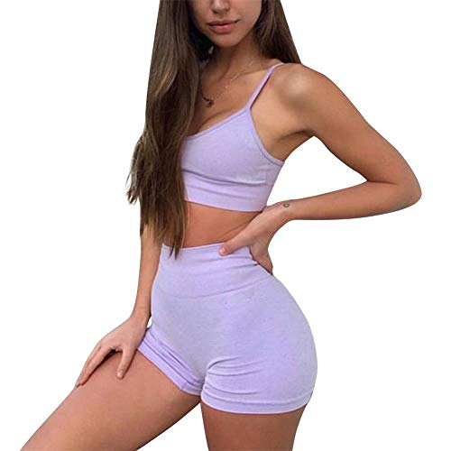 OBEEII Damen Sport-Set Fitness 2-Teiler Kompression Trainingsanzug Tank-Top Crop-Top bauchfrei High-Waist Fitness-Leggings Capri Violett M von OBEEII