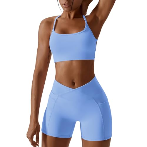 OBEEII Damen Sportanz�ge Jogginganzug Sport Sets 2 Teilig Workout Outfit Set Sports BH und Leggings Fitness Kleidung Set Gym Laufen Tennis Yoga Set Blau M von OBEEII